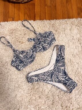 Blue and White Leaf Print Bikini Set
